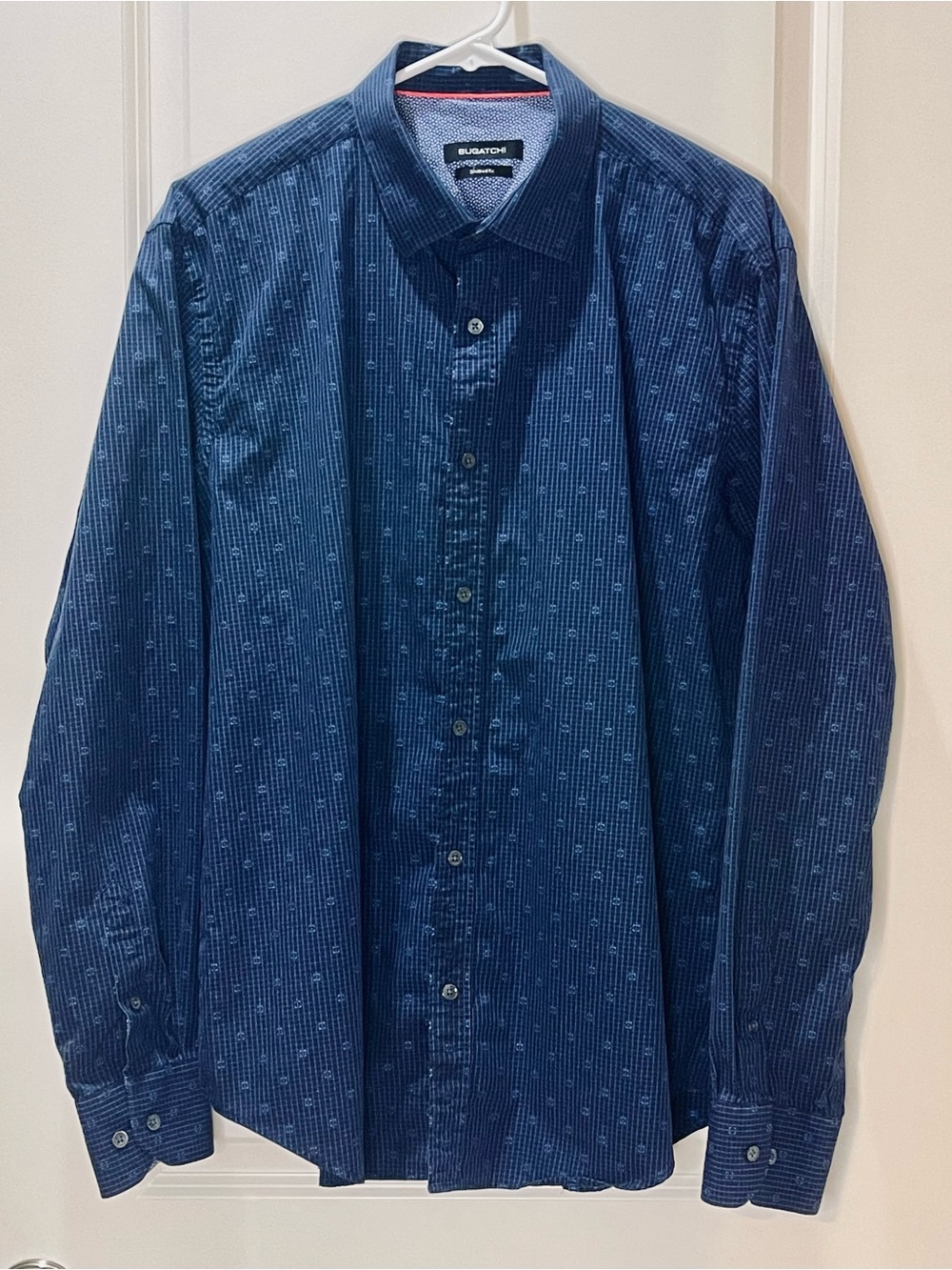 Bugatchi Navy Blue Geometric Print Dress Shirt 100% Cotton L